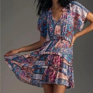 Anthropologie Size 1X Robin Blue Pink Mixed Floral Print Tiered Shift Mini Dress